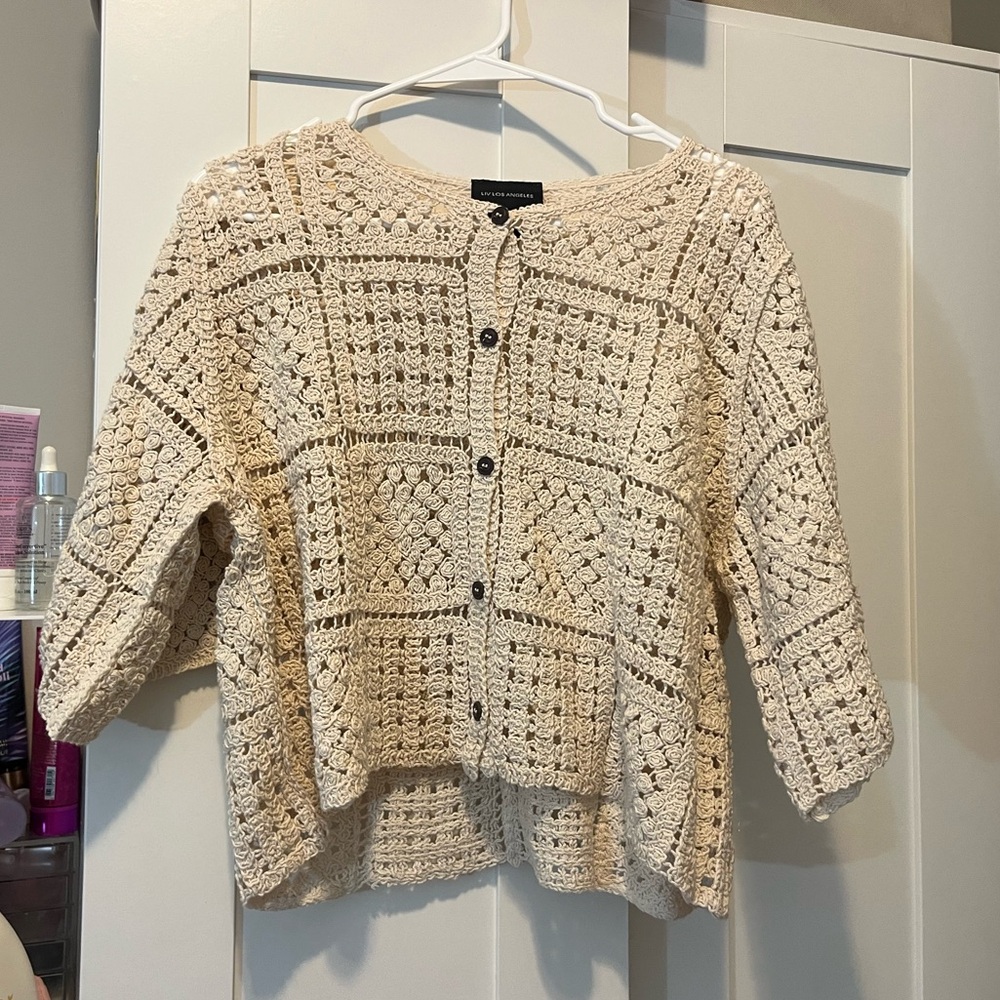 Beige Crochet Button-Up Sweater - Picture 2 of 5